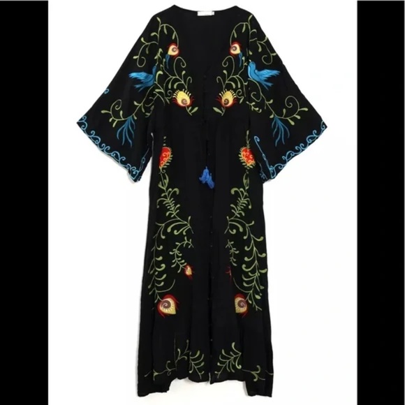 Boho Embroidered Hearts Floral Birds Long Maxi Kimono Dress - Picture 11 of 16